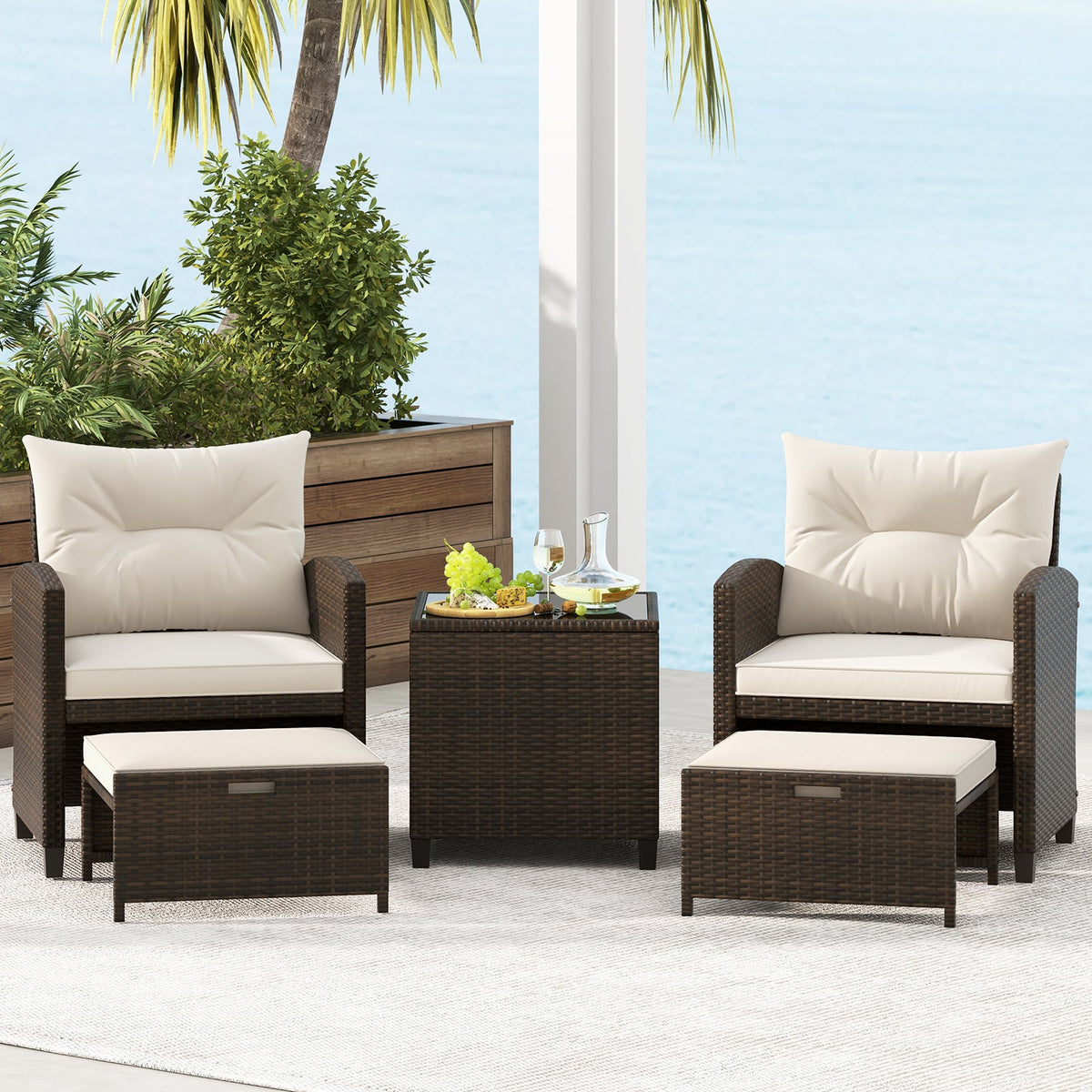 5 Pieces Patio Rattan Furniture with 2 Ottomans and Tempered Glass Coffee Table-Red