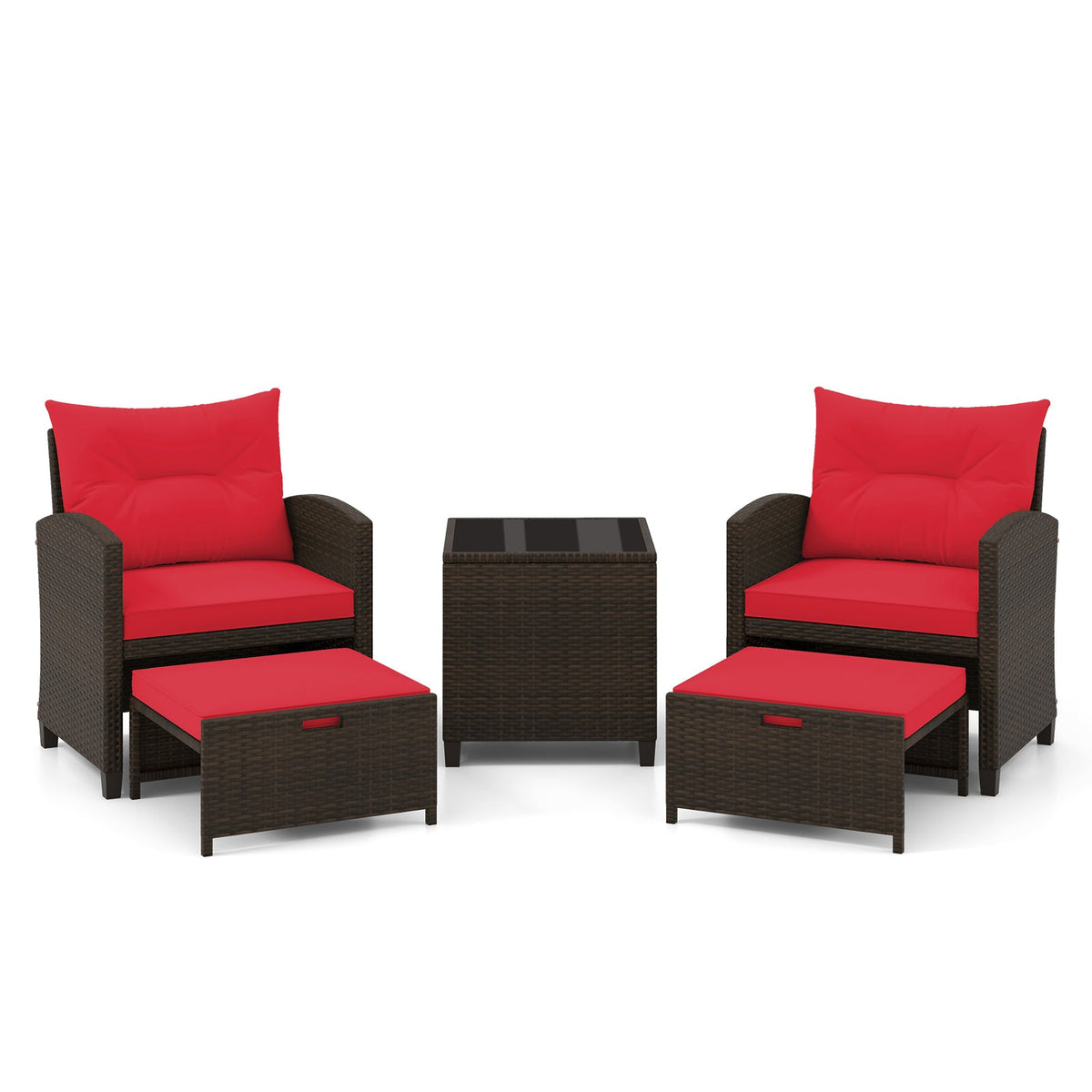 5 Pieces Patio Rattan Furniture with 2 Ottomans and Tempered Glass Coffee Table-Red