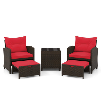 5 Pieces Patio Rattan Furniture with 2 Ottomans and Tempered Glass Coffee Table-Red