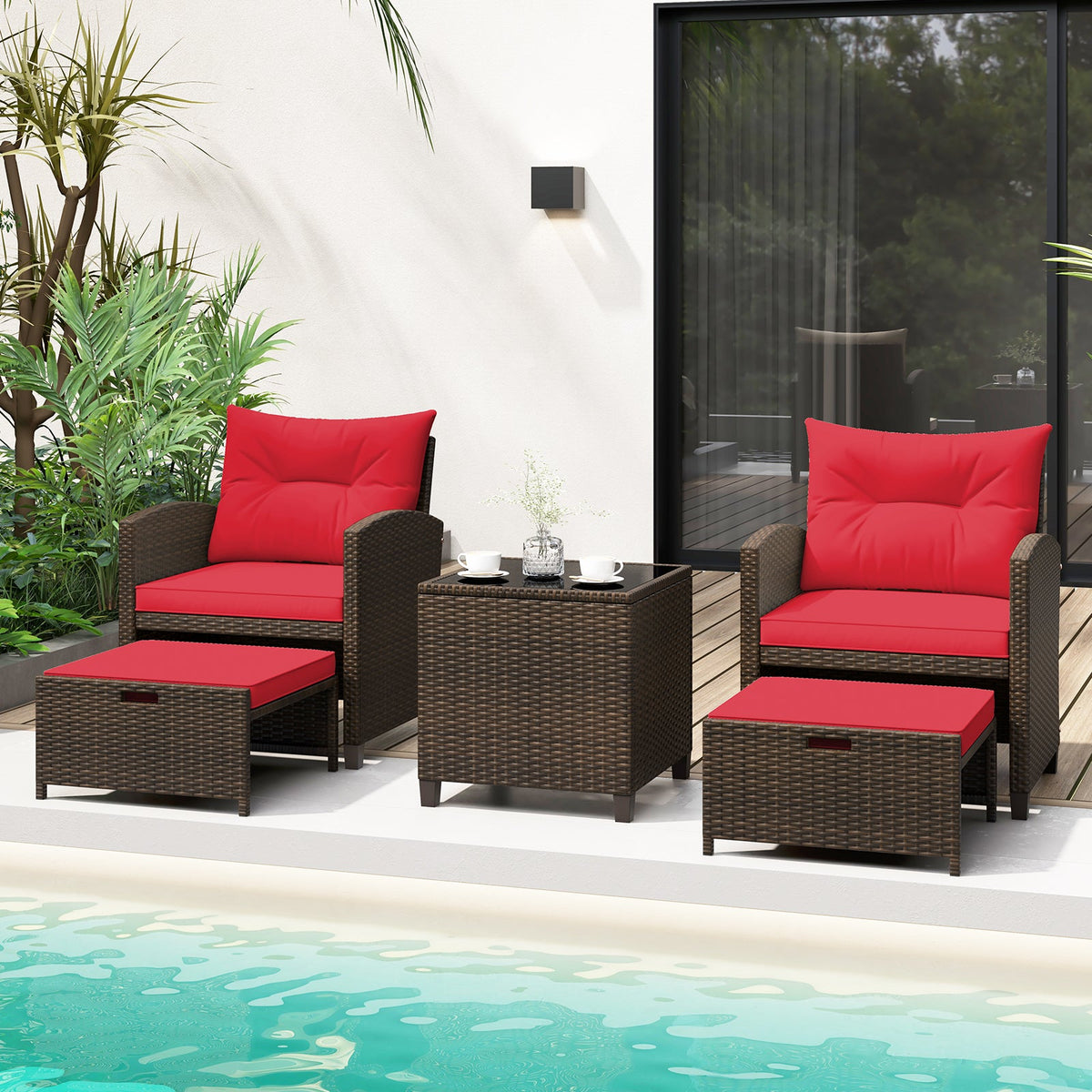 5 Pieces Patio Rattan Furniture with 2 Ottomans and Tempered Glass Coffee Table-Red
