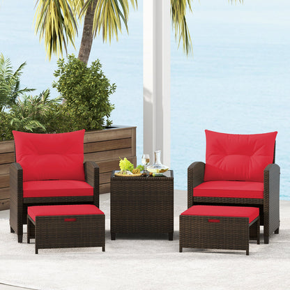5 Pieces Patio Rattan Furniture with 2 Ottomans and Tempered Glass Coffee Table-Red