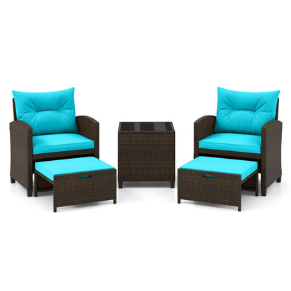 5 Pieces Patio Rattan Furniture with 2 Ottomans and Tempered Glass Coffee Table-Red