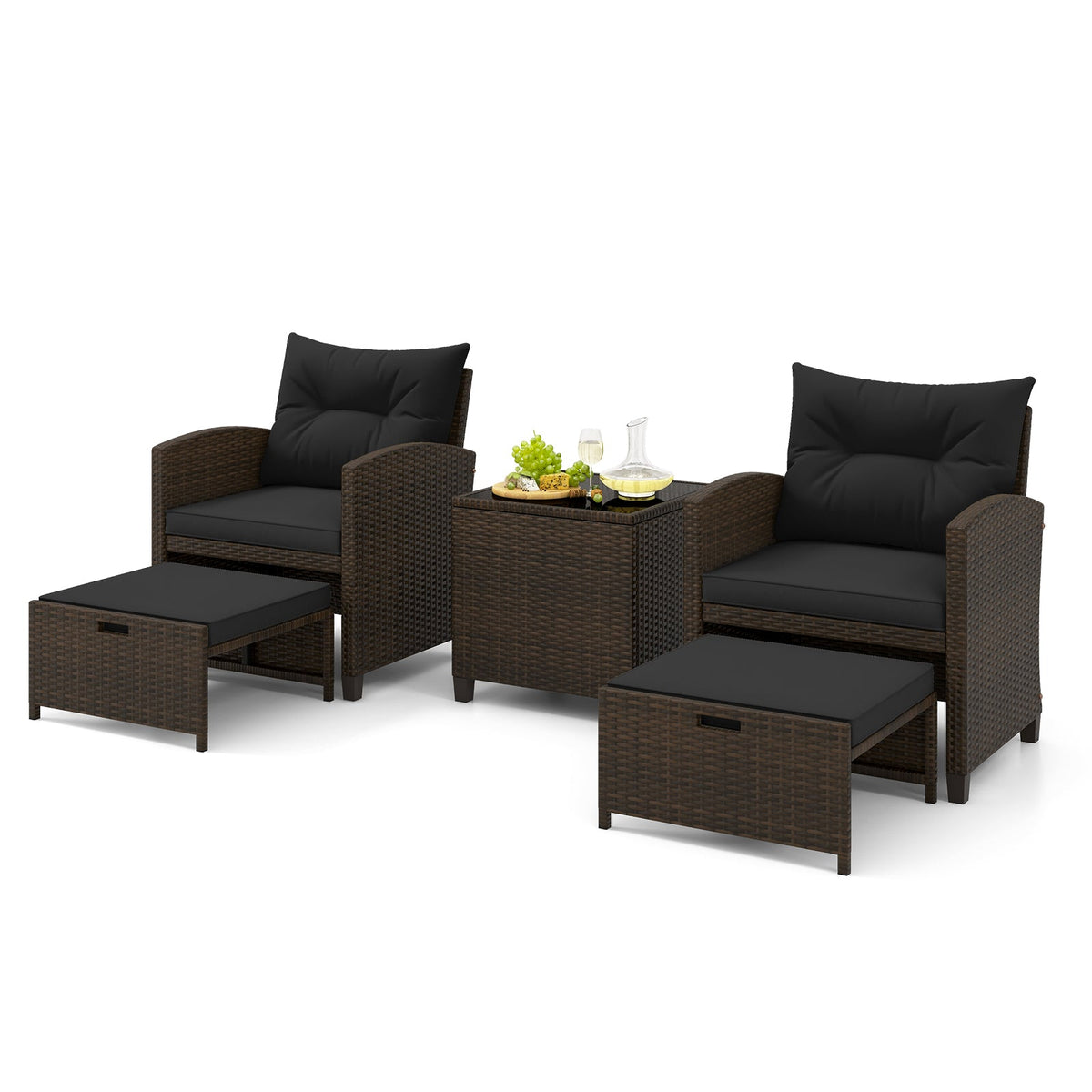 5 Pieces Patio Rattan Furniture with 2 Ottomans and Tempered Glass Coffee Table-Red