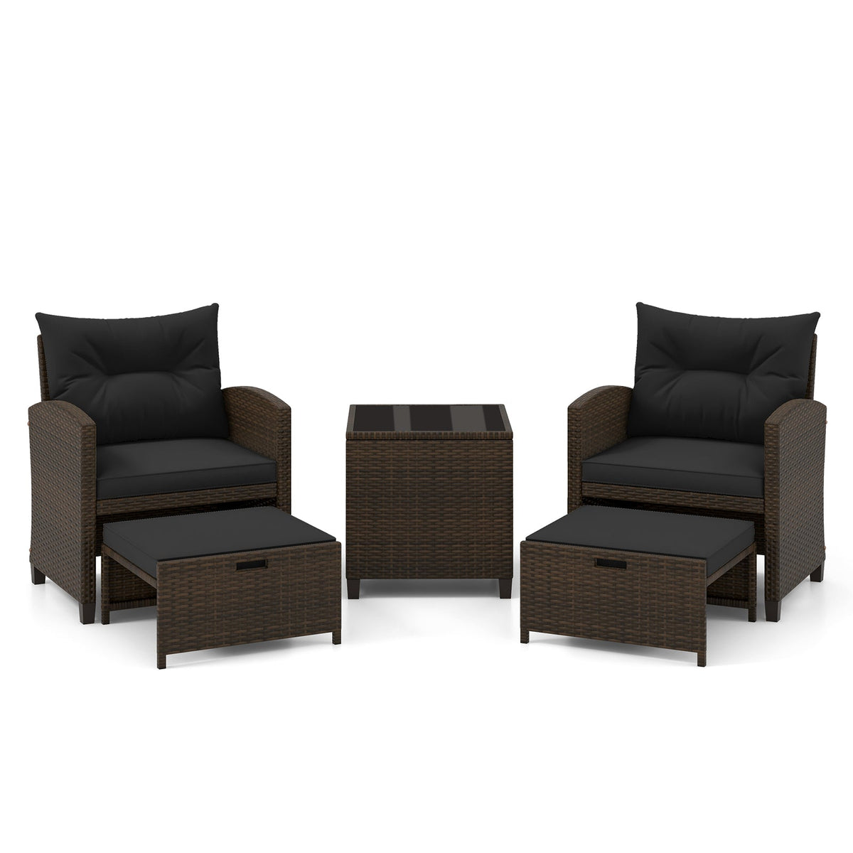 5 Pieces Patio Rattan Furniture with 2 Ottomans and Tempered Glass Coffee Table-Red