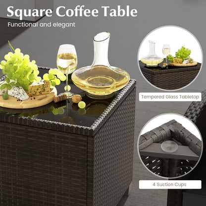 5 Pieces Patio Rattan Furniture with 2 Ottomans and Tempered Glass Coffee Table-Red