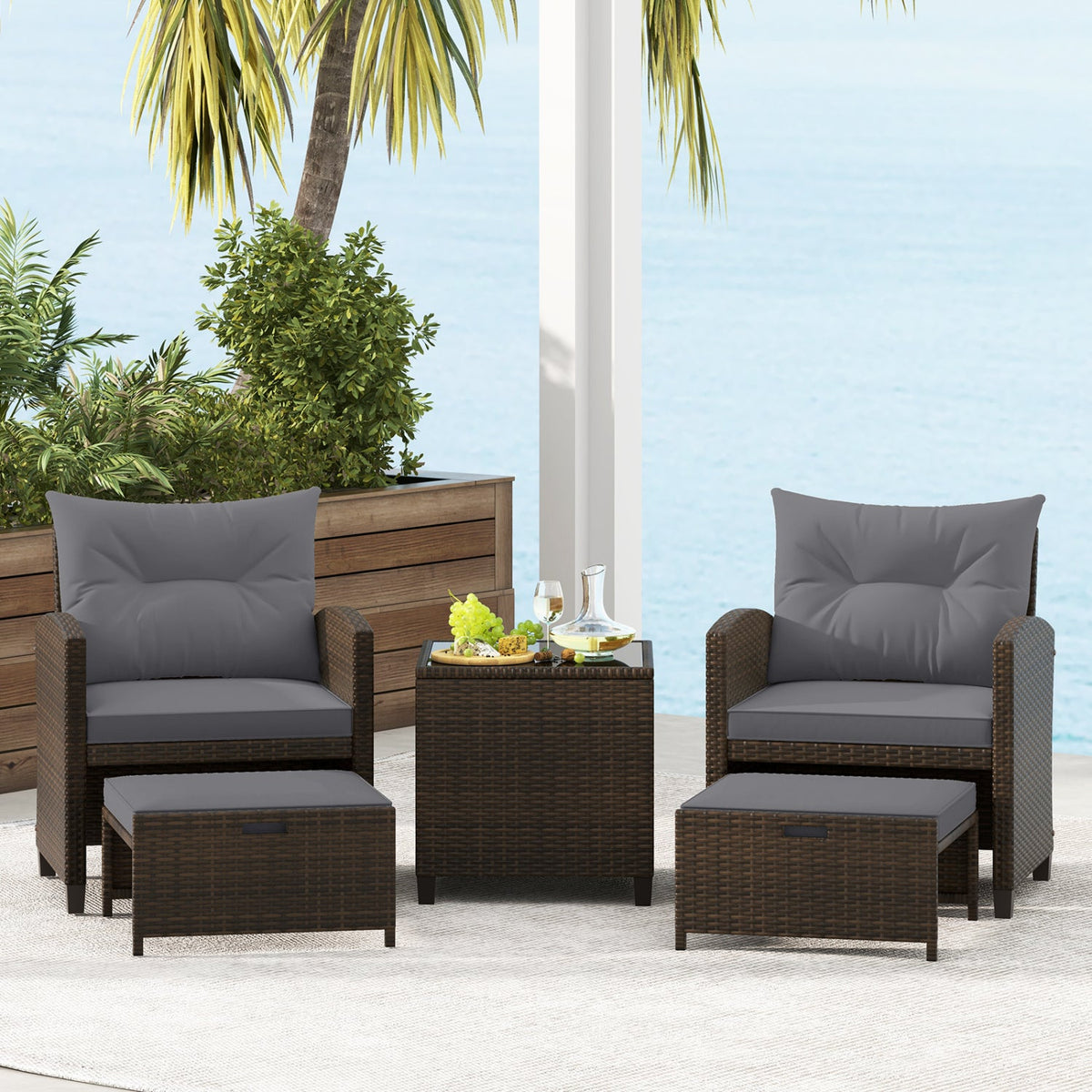 5 Pieces Patio Rattan Furniture with 2 Ottomans and Tempered Glass Coffee Table-Red