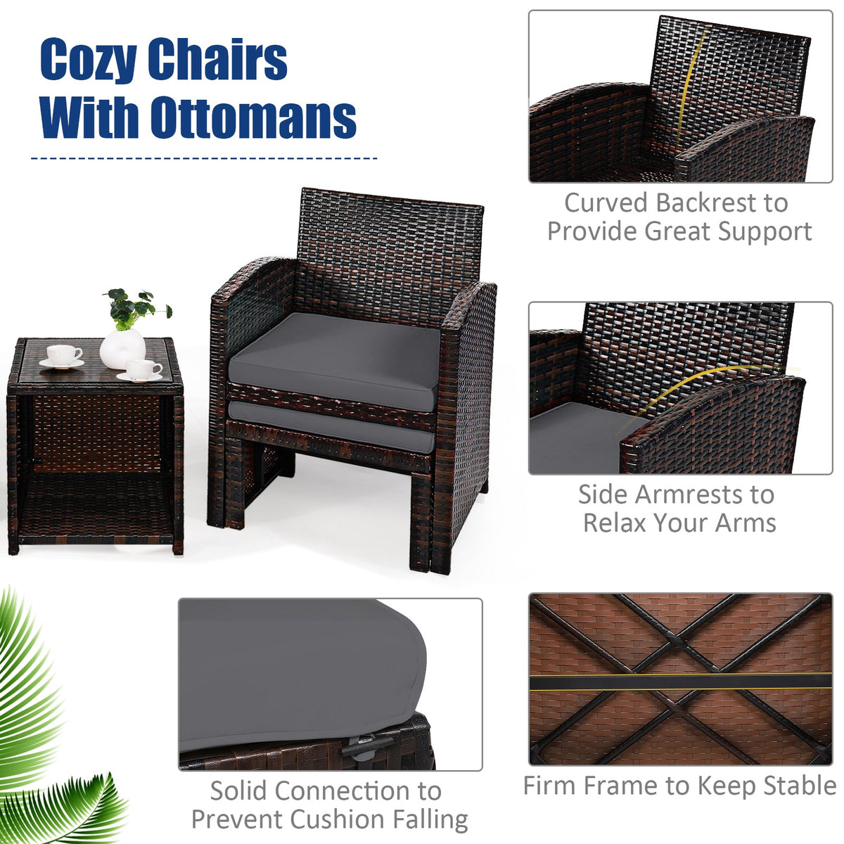 5 Pieces Patio Rattan Furniture Set with Ottoman and Tempered Glass Coffee Table-Gray