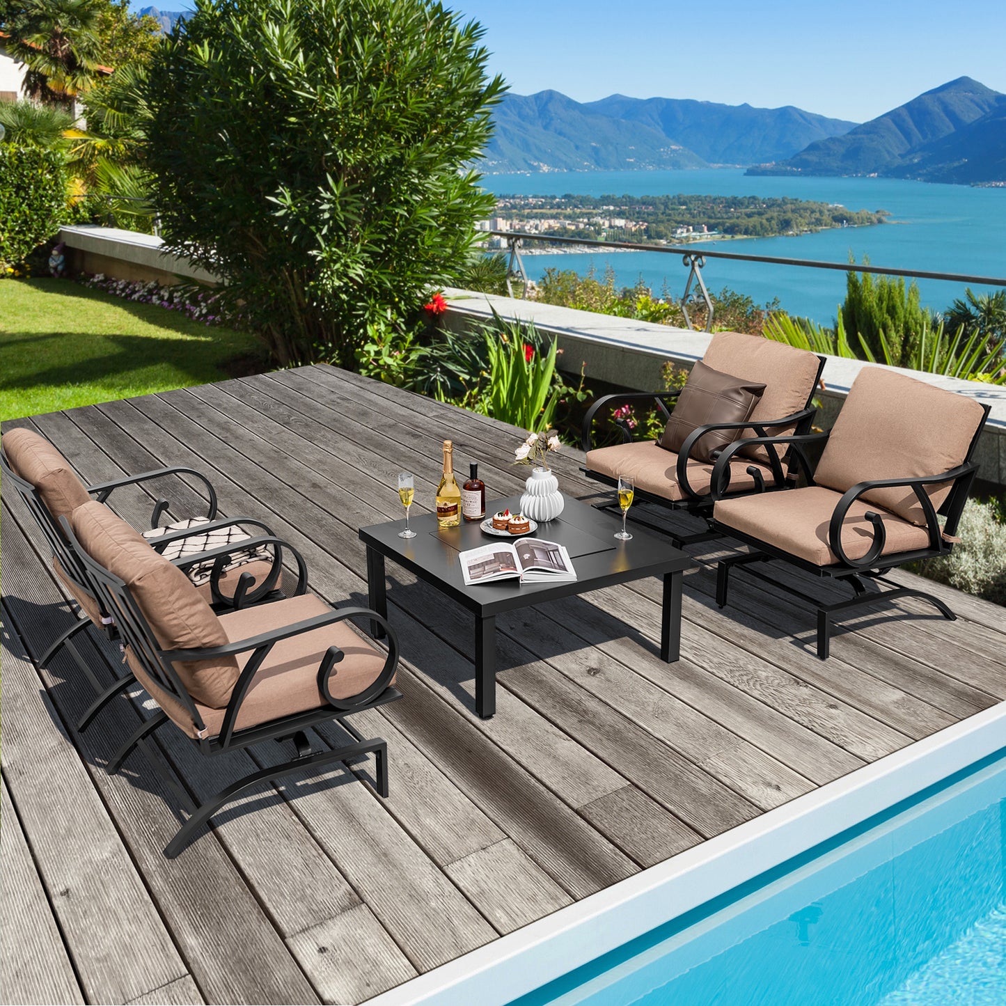 5-Piece Patio Rocking Chair Set with 4-in-1 Fire Pit Table
