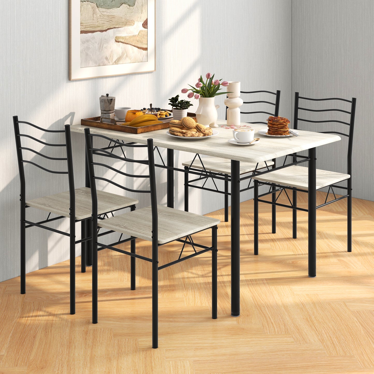 5-Piece Dining Table Set with 4 Chairs, Wood and Metal