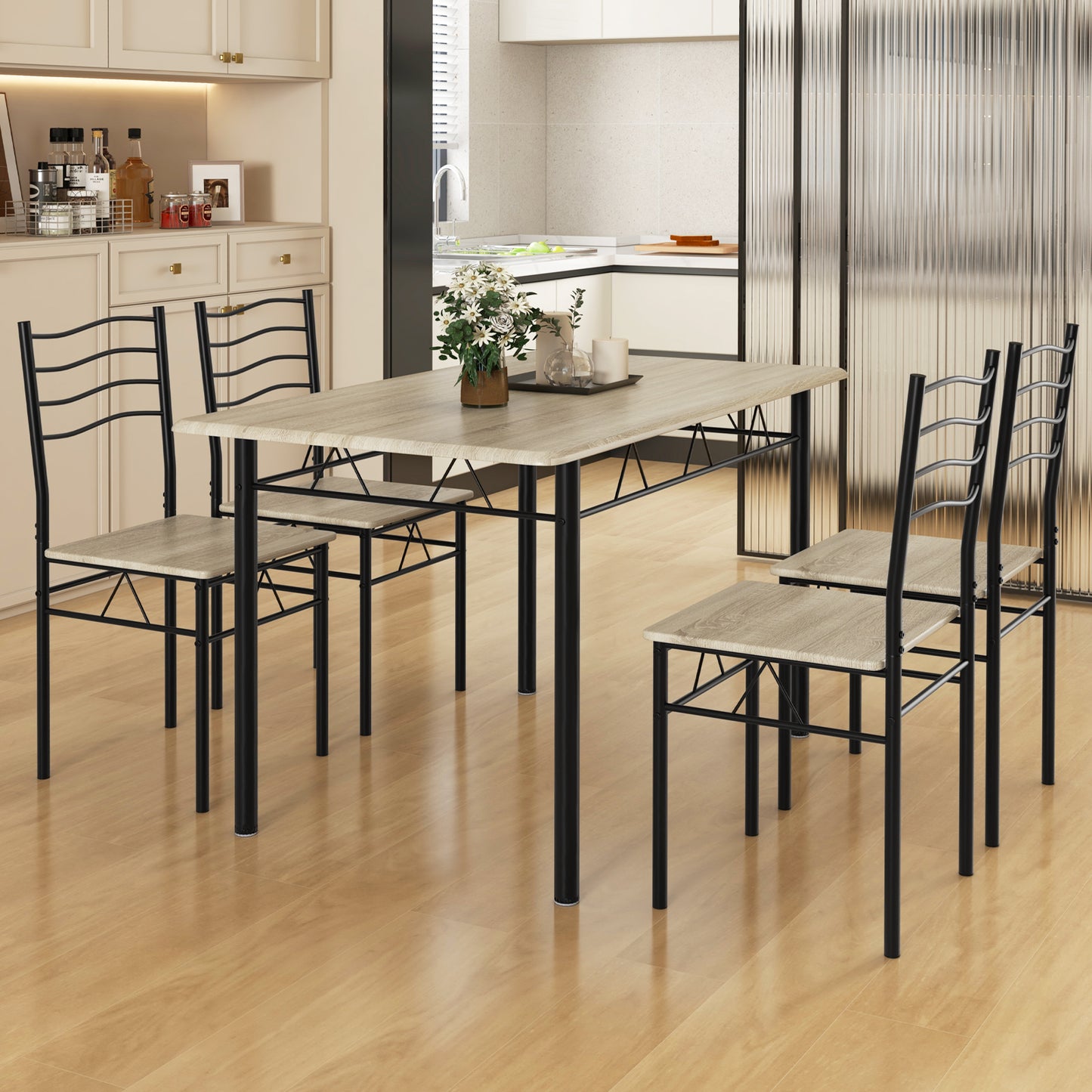 5-Piece Dining Table Set with 4 Chairs, Wood and Metal