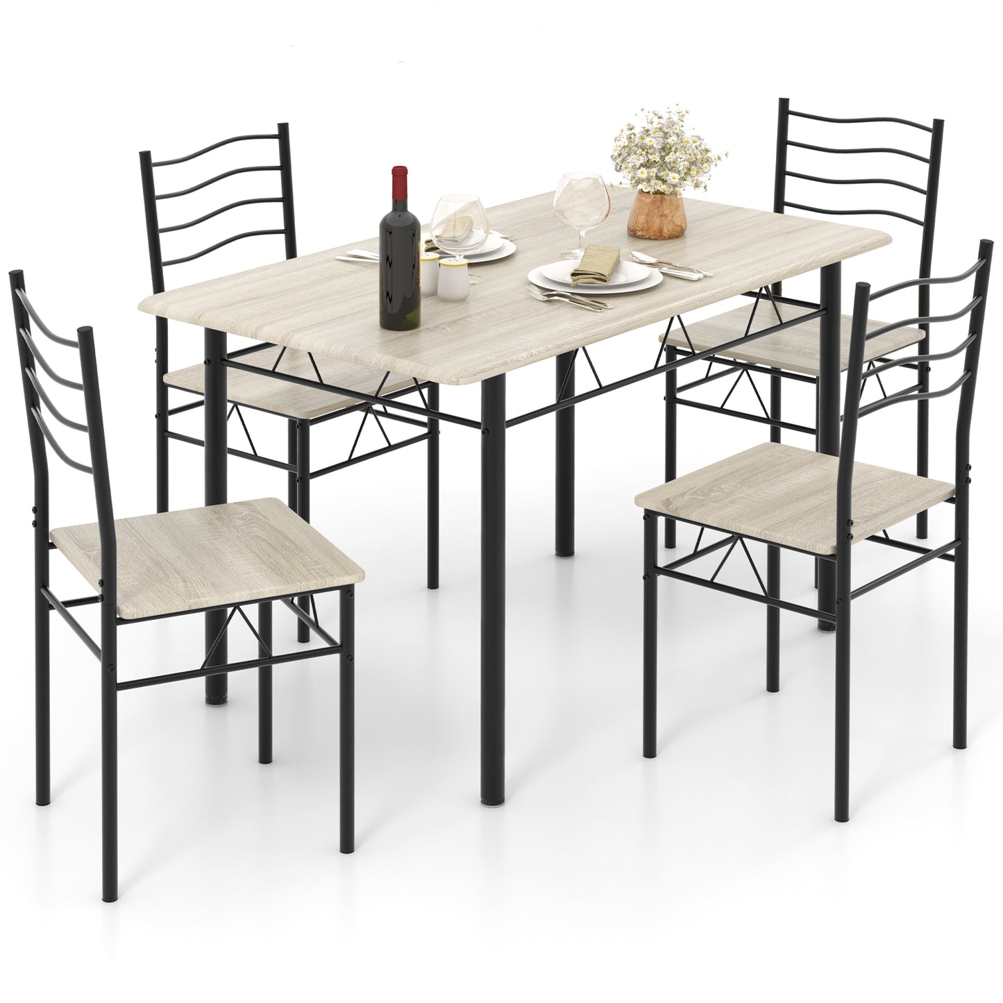 5-Piece Dining Table Set with 4 Chairs, Wood and Metal