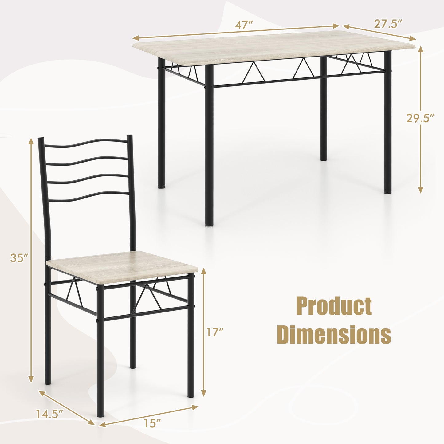 5-Piece Dining Table Set with 4 Chairs, Wood and Metal