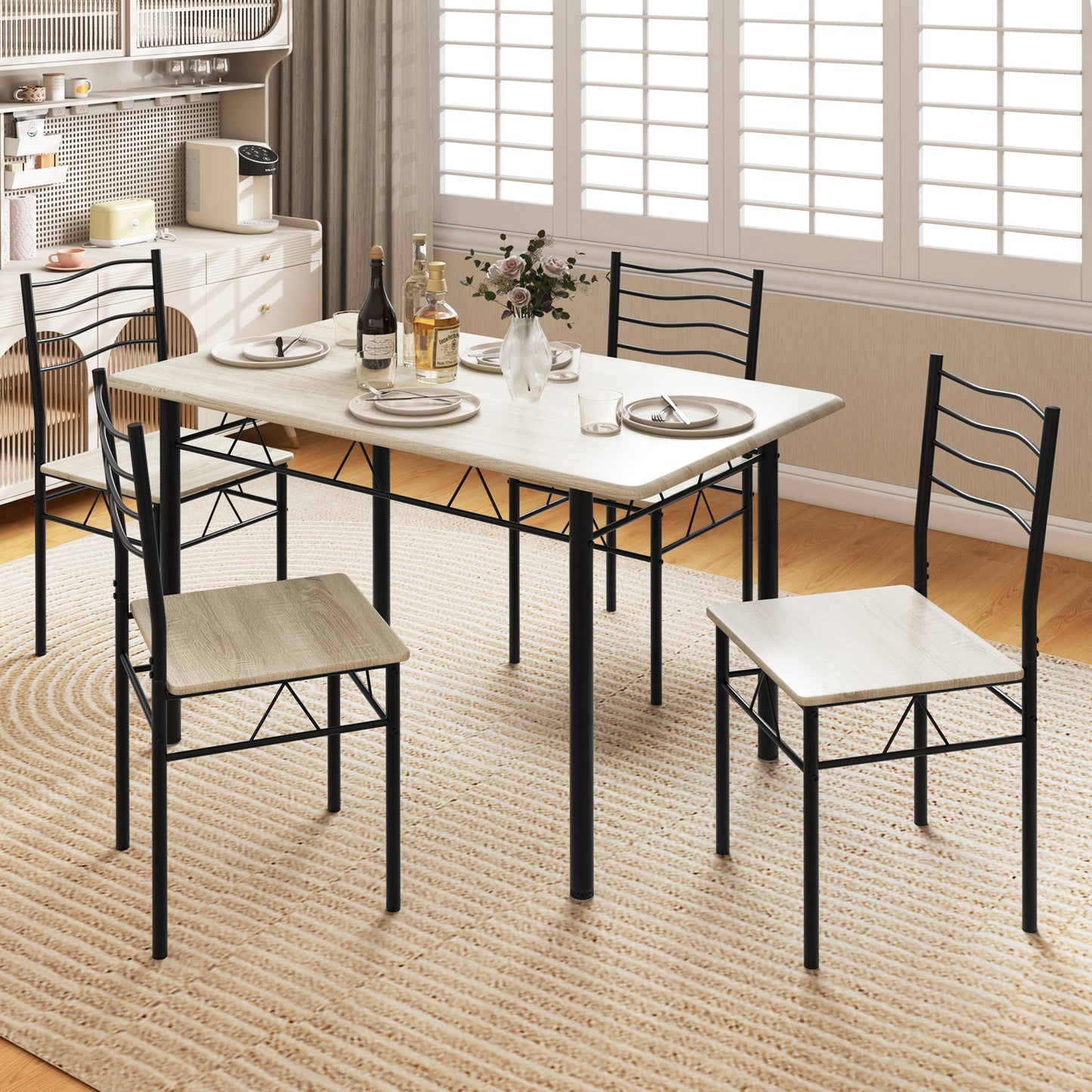 5-Piece Dining Table Set with 4 Chairs, Wood and Metal