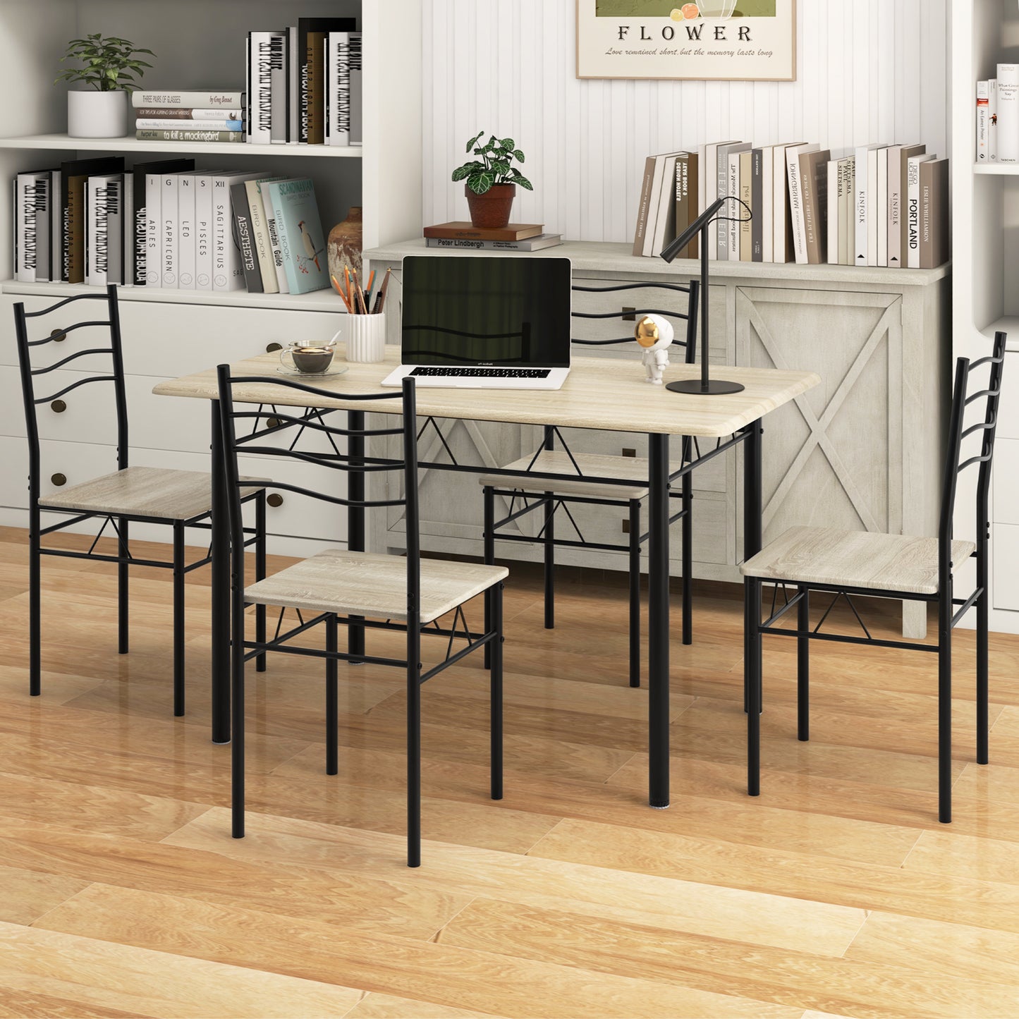 5-Piece Dining Table Set with 4 Chairs, Wood and Metal