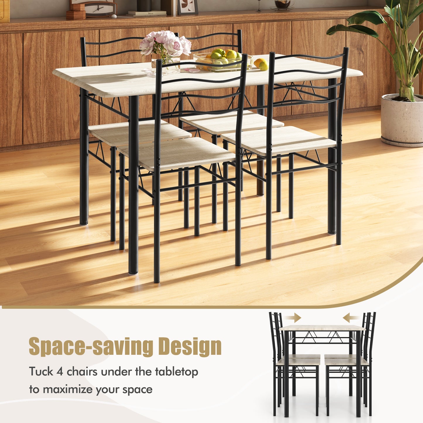 5-Piece Dining Table Set with 4 Chairs, Wood and Metal
