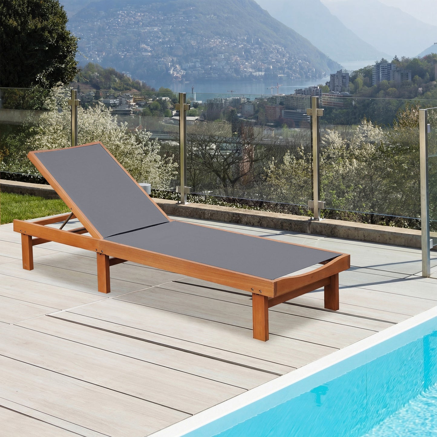 Adjustable Outdoor Wood Chaise Lounge Chair - 5 Positions