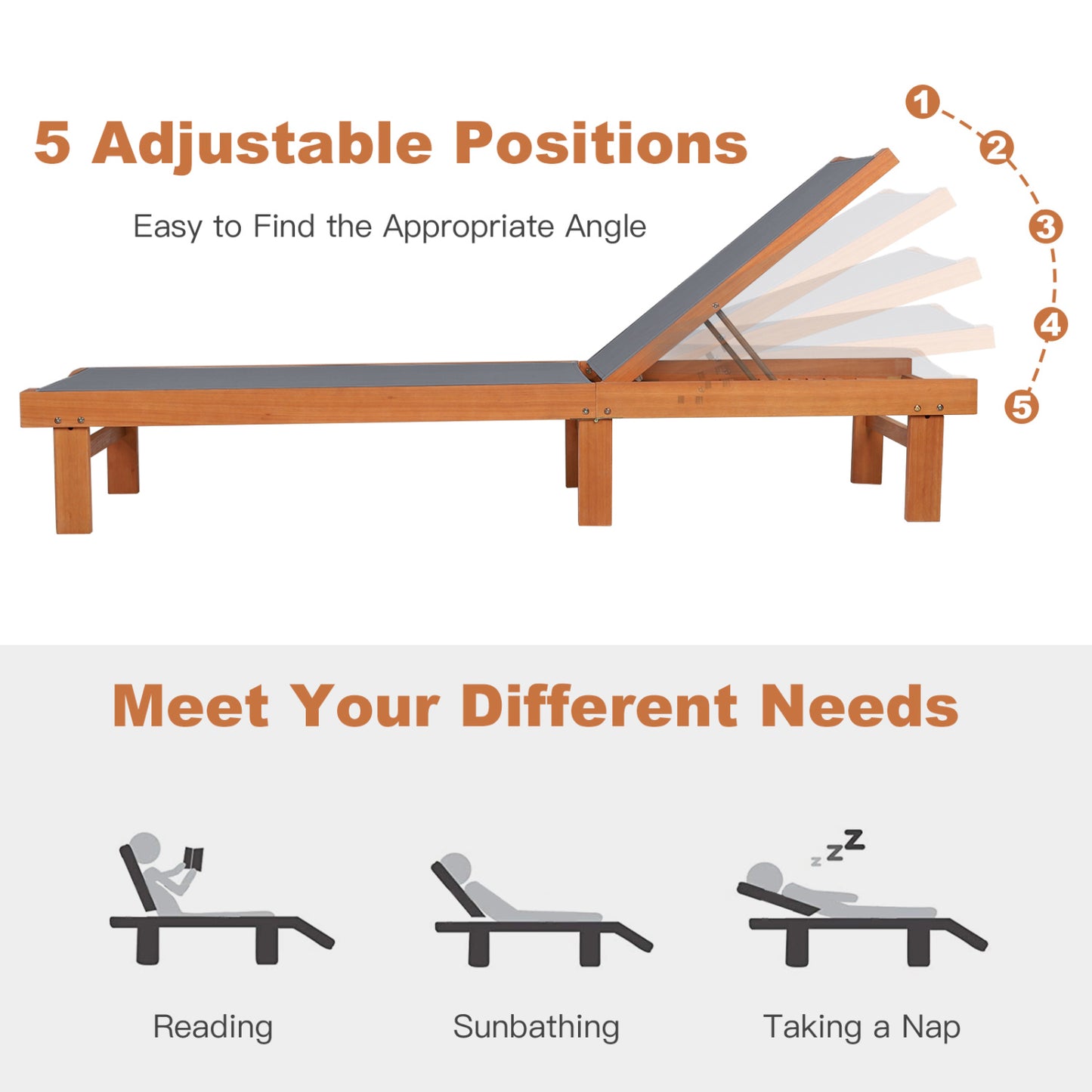 Adjustable Outdoor Wood Chaise Lounge Chair - 5 Positions