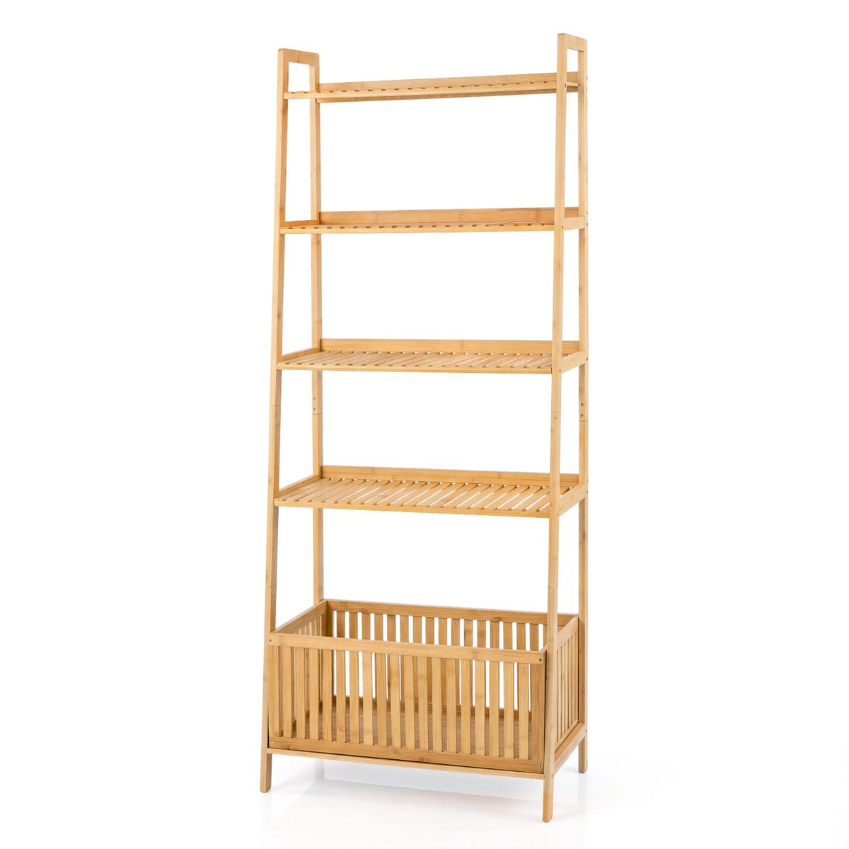 5-Tier Bamboo Ladder Shelf with Display Shelves and Open Storage Basket-Natural