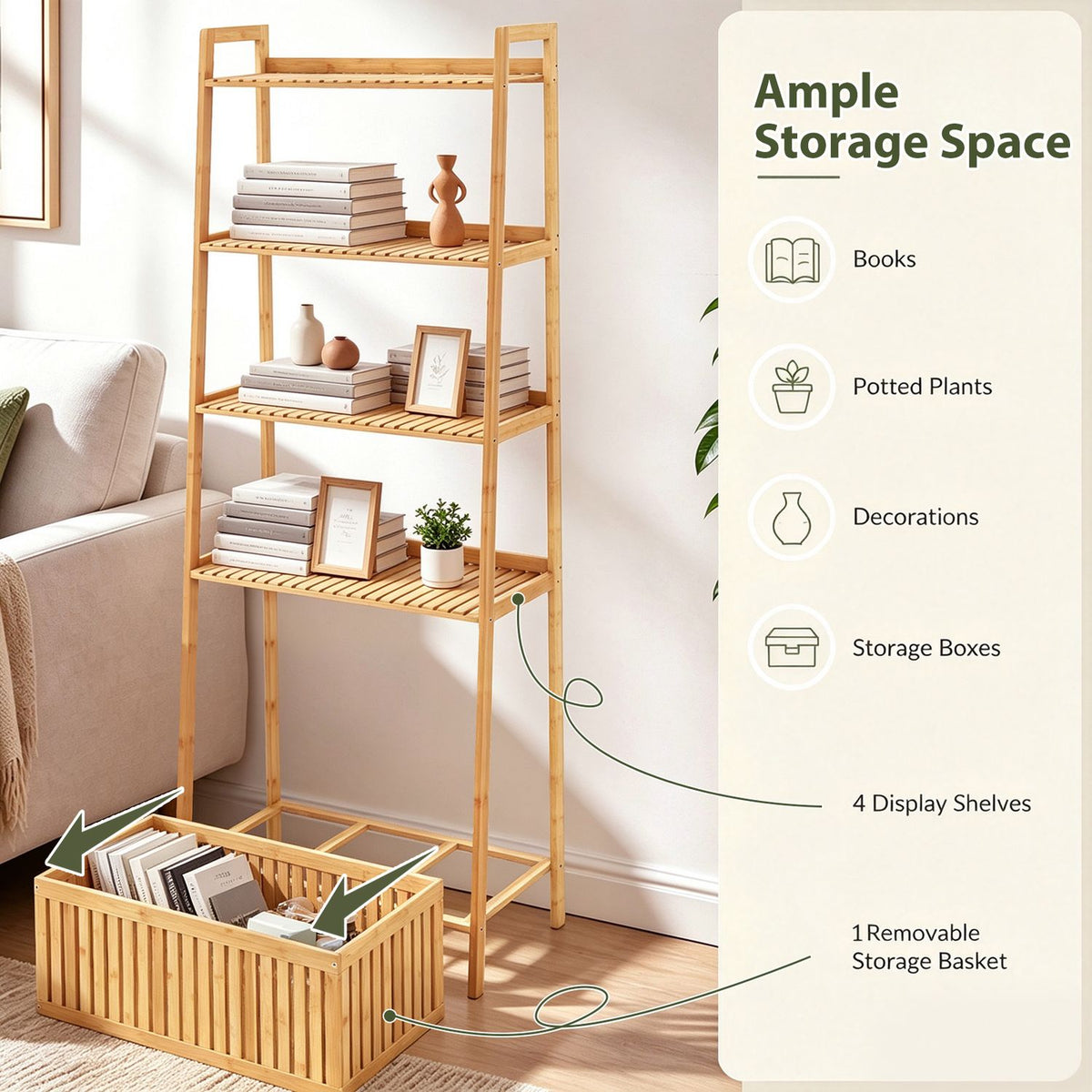 5-Tier Bamboo Ladder Shelf with Display Shelves and Open Storage Basket-Natural