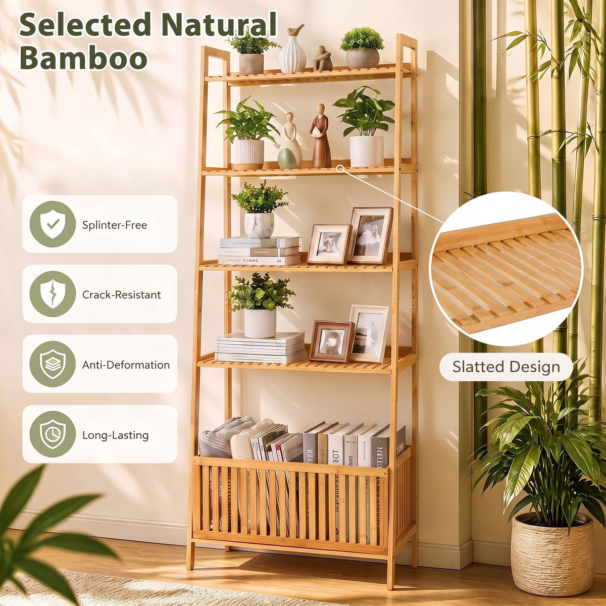 5-Tier Bamboo Ladder Shelf with Display Shelves and Open Storage Basket-Natural