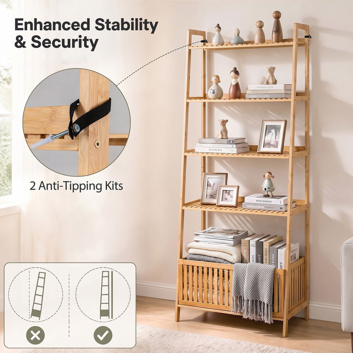 5-Tier Bamboo Ladder Shelf with Display Shelves and Open Storage Basket-Natural