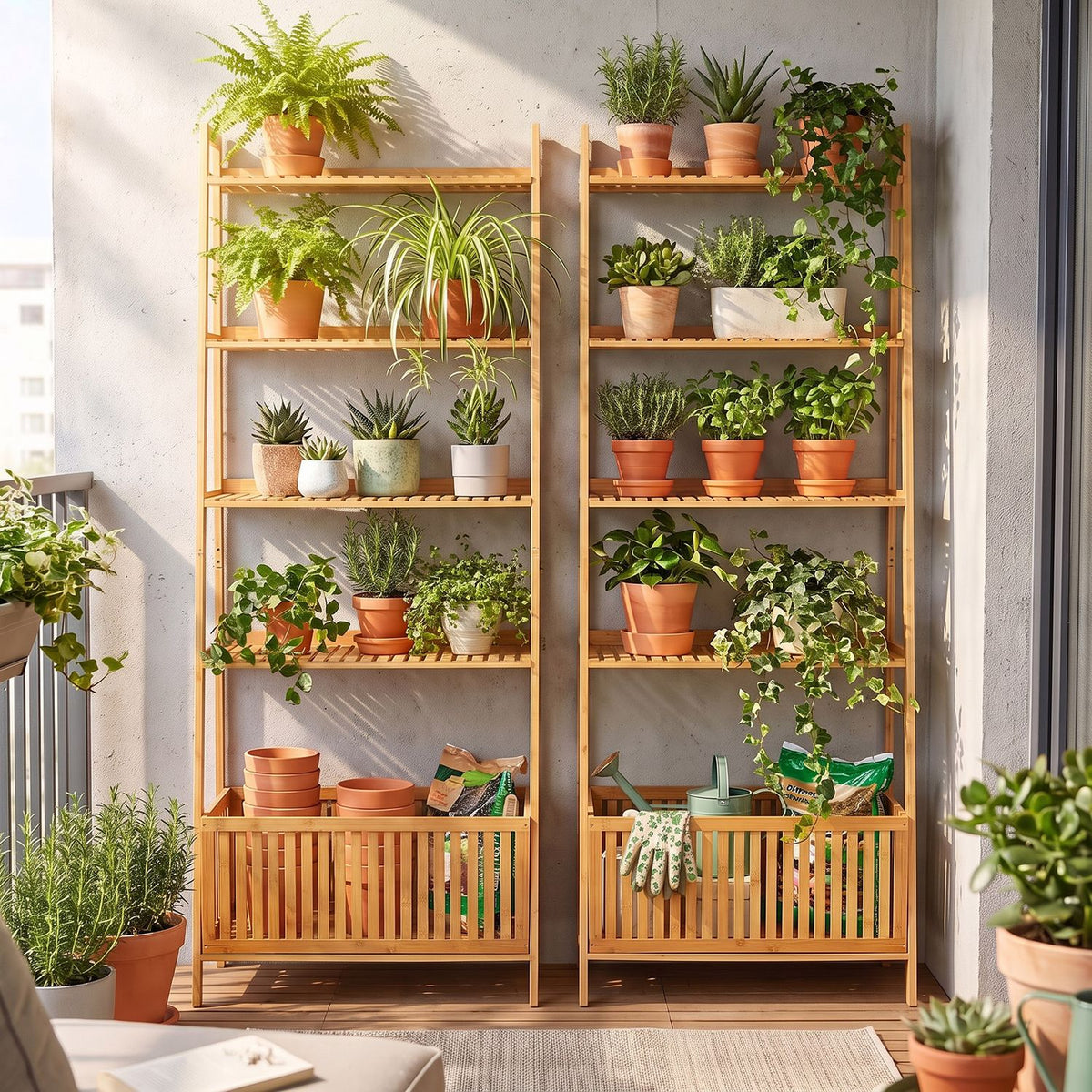 5-Tier Bamboo Ladder Shelf with Display Shelves and Open Storage Basket-Natural