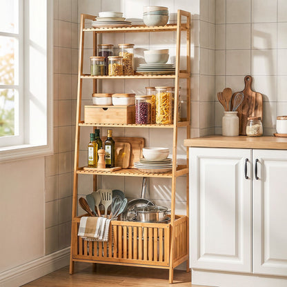 5-Tier Bamboo Ladder Shelf with Display Shelves and Open Storage Basket-Natural