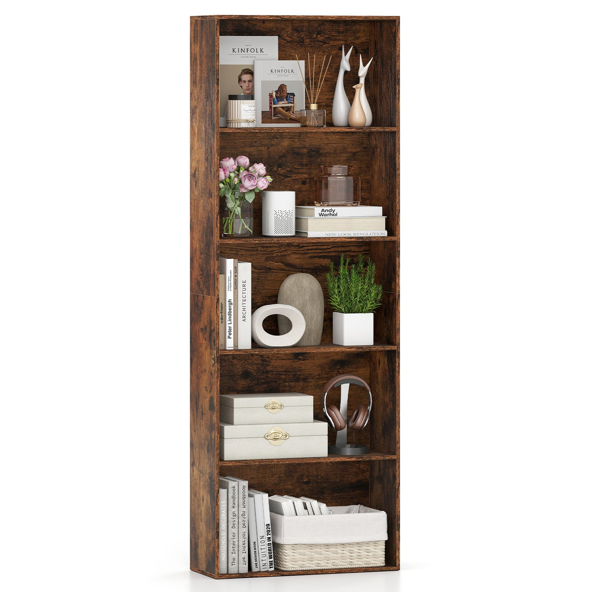 5-Tier Bookshelf Open Bookcase Freestanding Display Shelf Storage Organizer-Rustic Brown