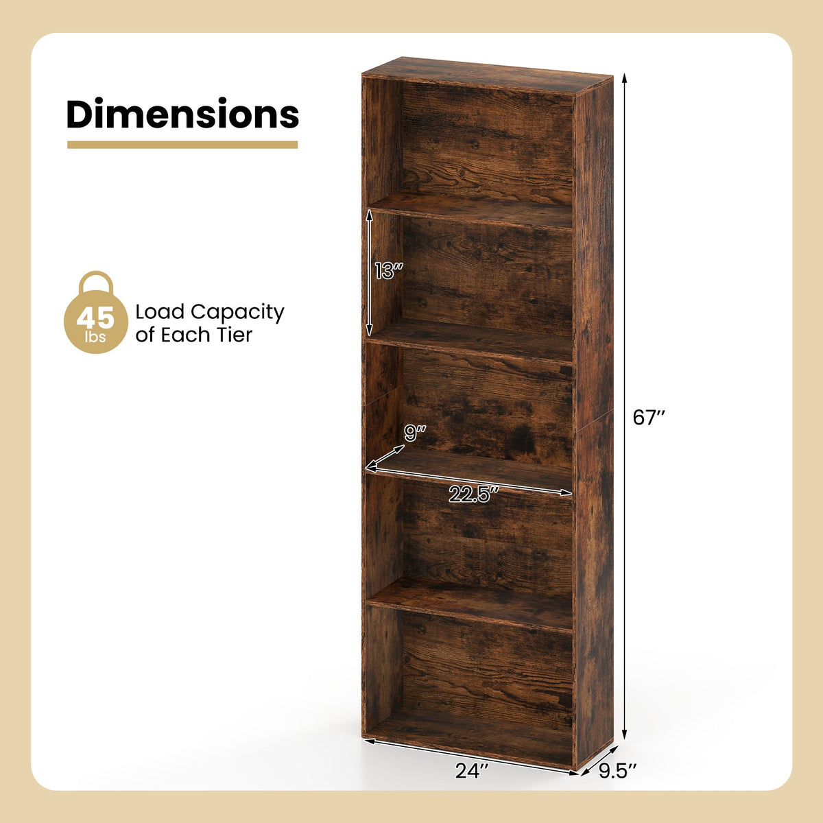 5-Tier Bookshelf Open Bookcase Freestanding Display Shelf Storage Organizer-Rustic Brown
