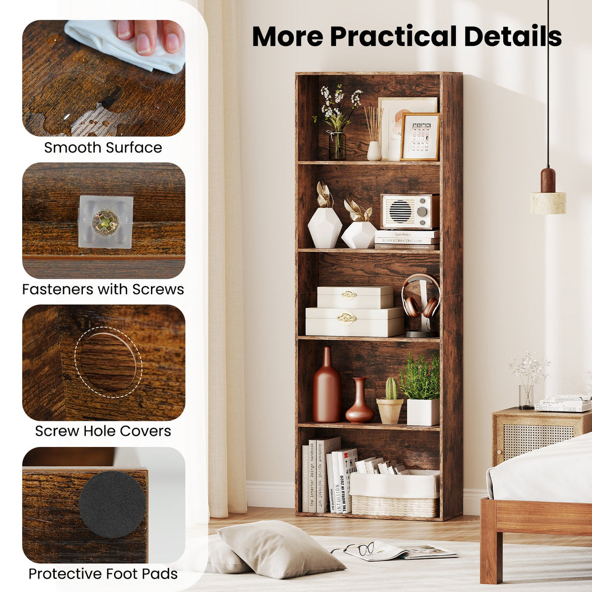 5-Tier Bookshelf Open Bookcase Freestanding Display Shelf Storage Organizer-Rustic Brown