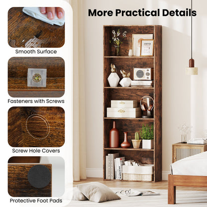 5-Tier Bookshelf Open Bookcase Freestanding Display Shelf Storage Organizer-Rustic Brown