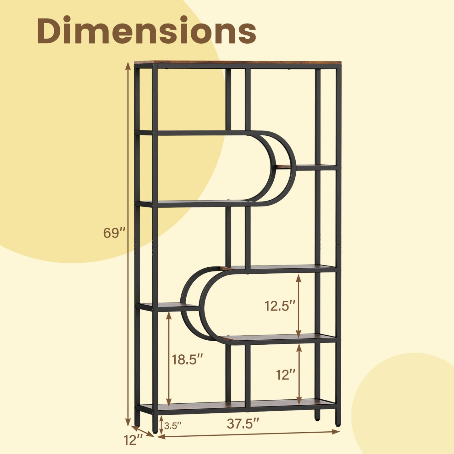 5-Tier Bookshelf Tall Etagere Bookcase with Open Storage Shelves and U Shape