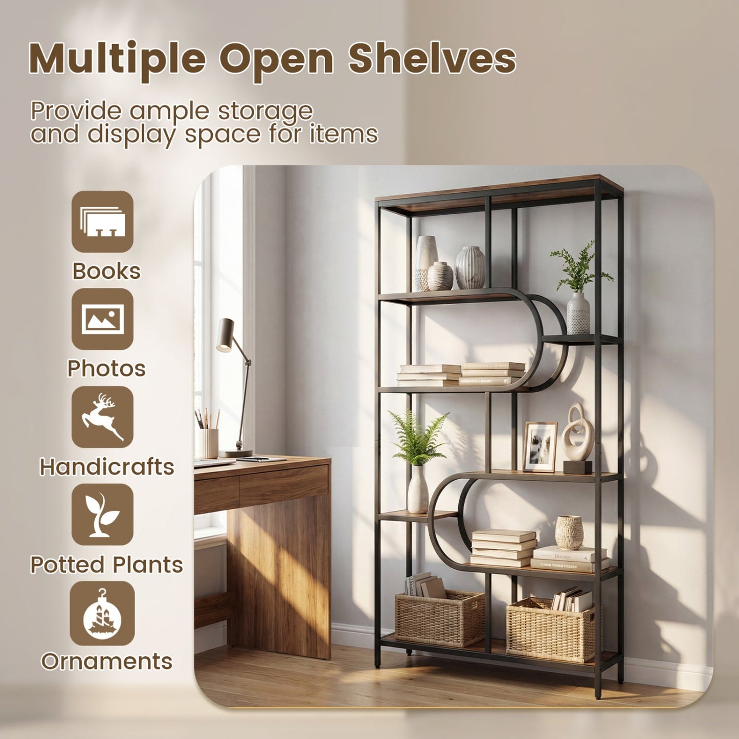 5-Tier Bookshelf Tall Etagere Bookcase with Open Storage Shelves and U Shape