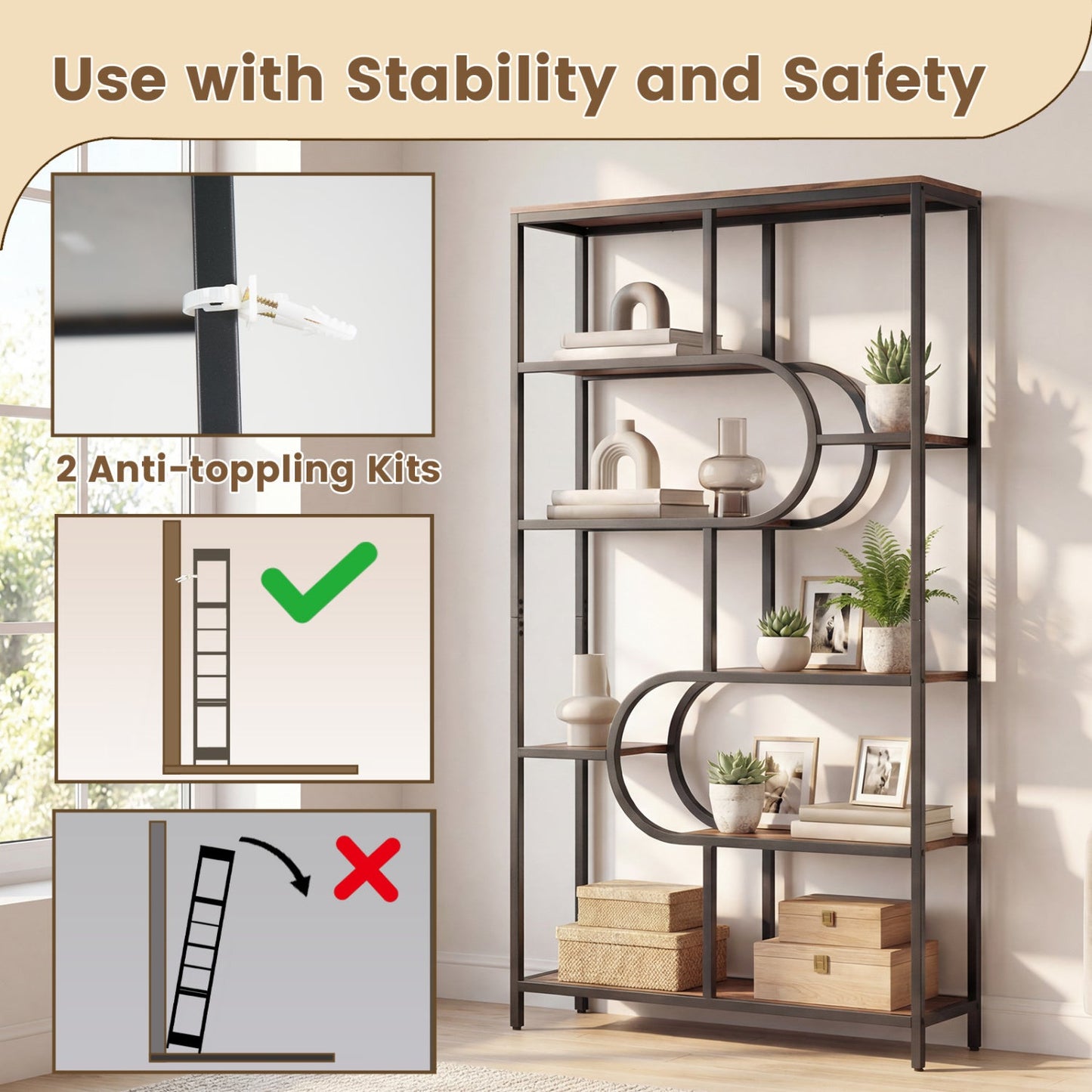 5-Tier Bookshelf Tall Etagere Bookcase with Open Storage Shelves and U Shape