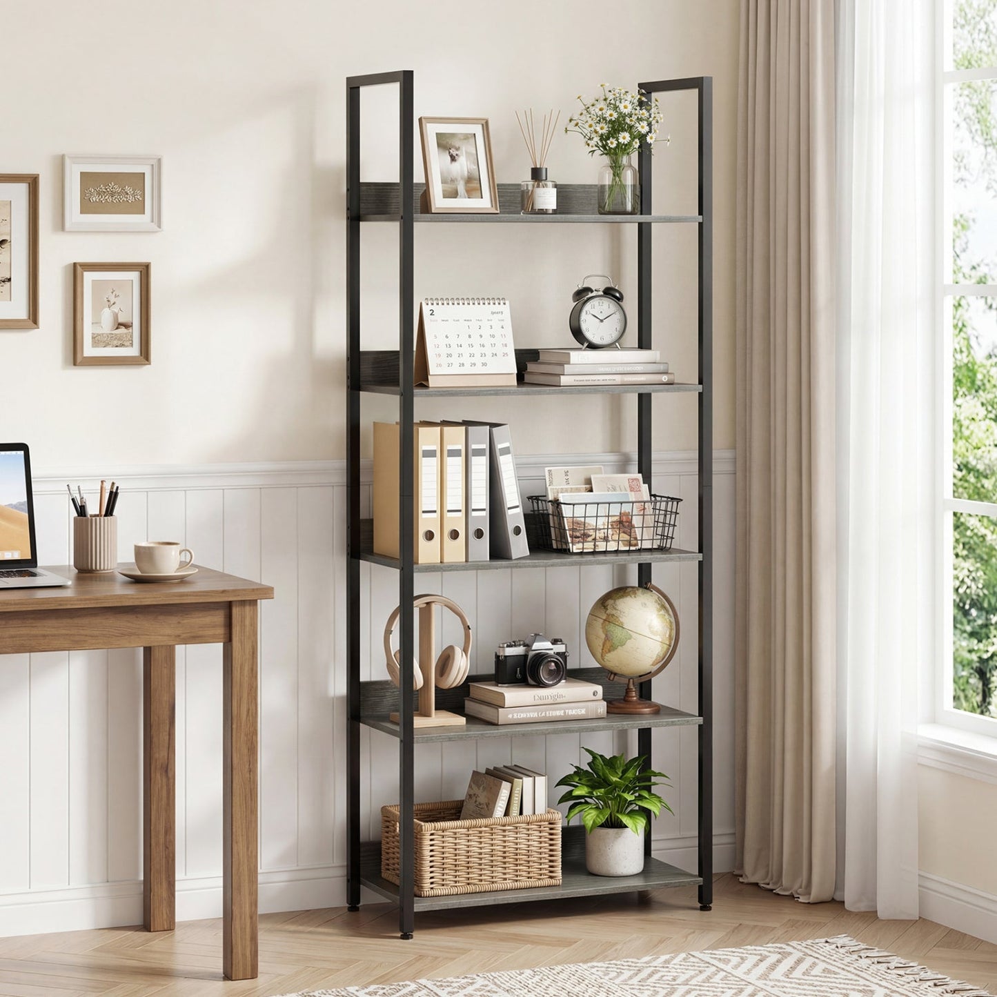 5-Tier Bookshelf Tall Wooden Open Bookcase with Back Panels