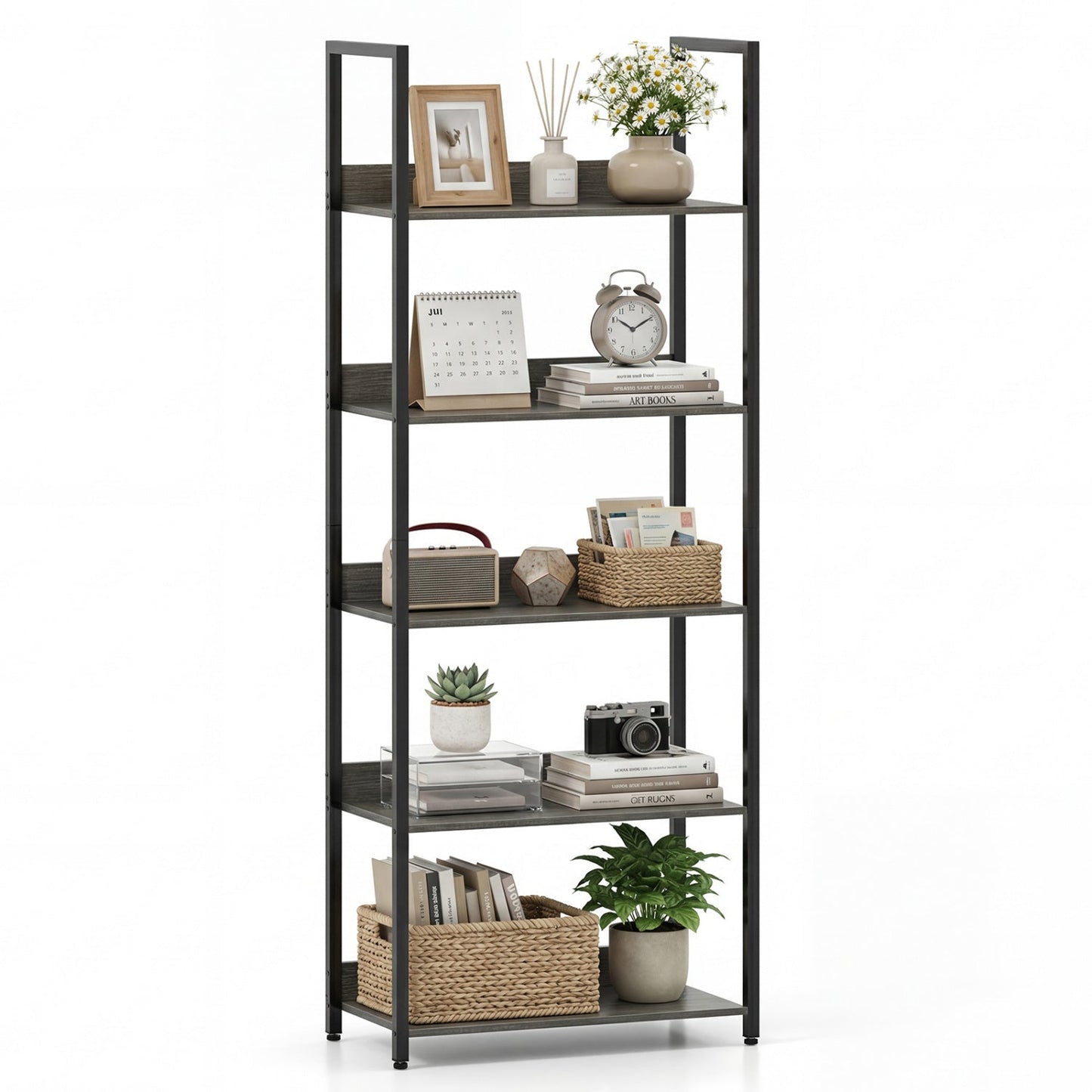 5-Tier Bookshelf Tall Wooden Open Bookcase with Back Panels
