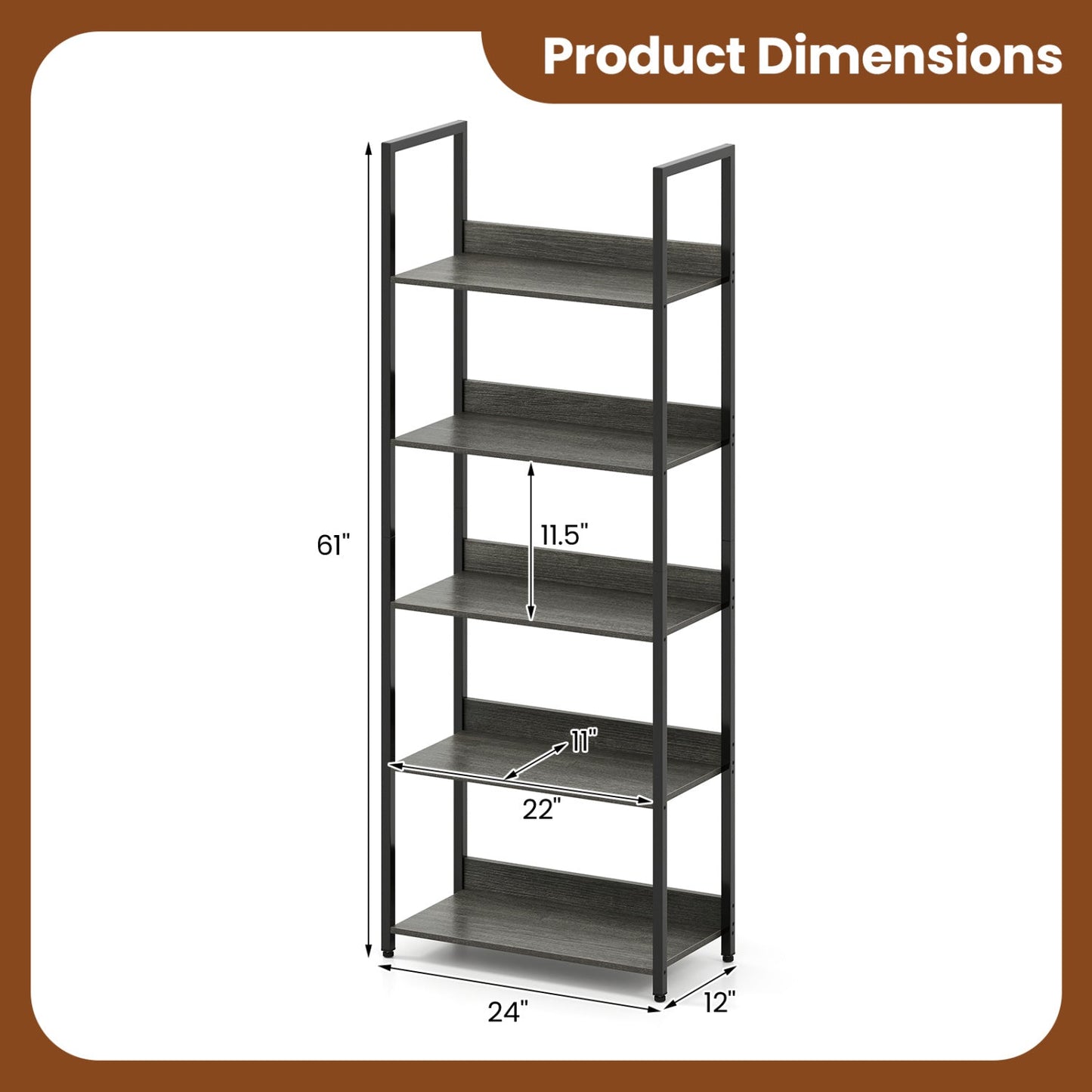 5-Tier Bookshelf Tall Wooden Open Bookcase with Back Panels