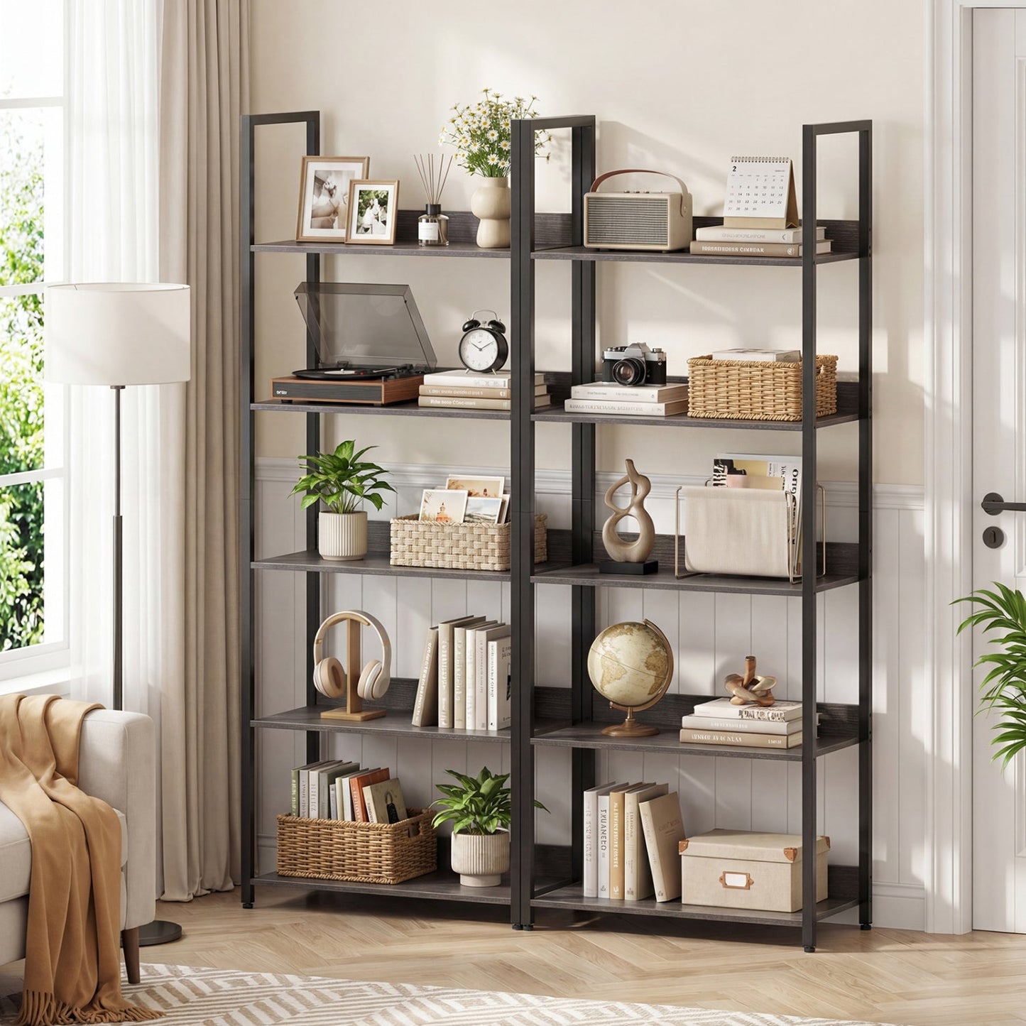 5-Tier Bookshelf Tall Wooden Open Bookcase with Back Panels