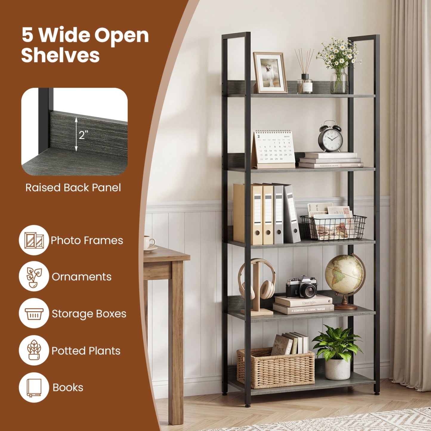 5-Tier Bookshelf Tall Wooden Open Bookcase with Back Panels