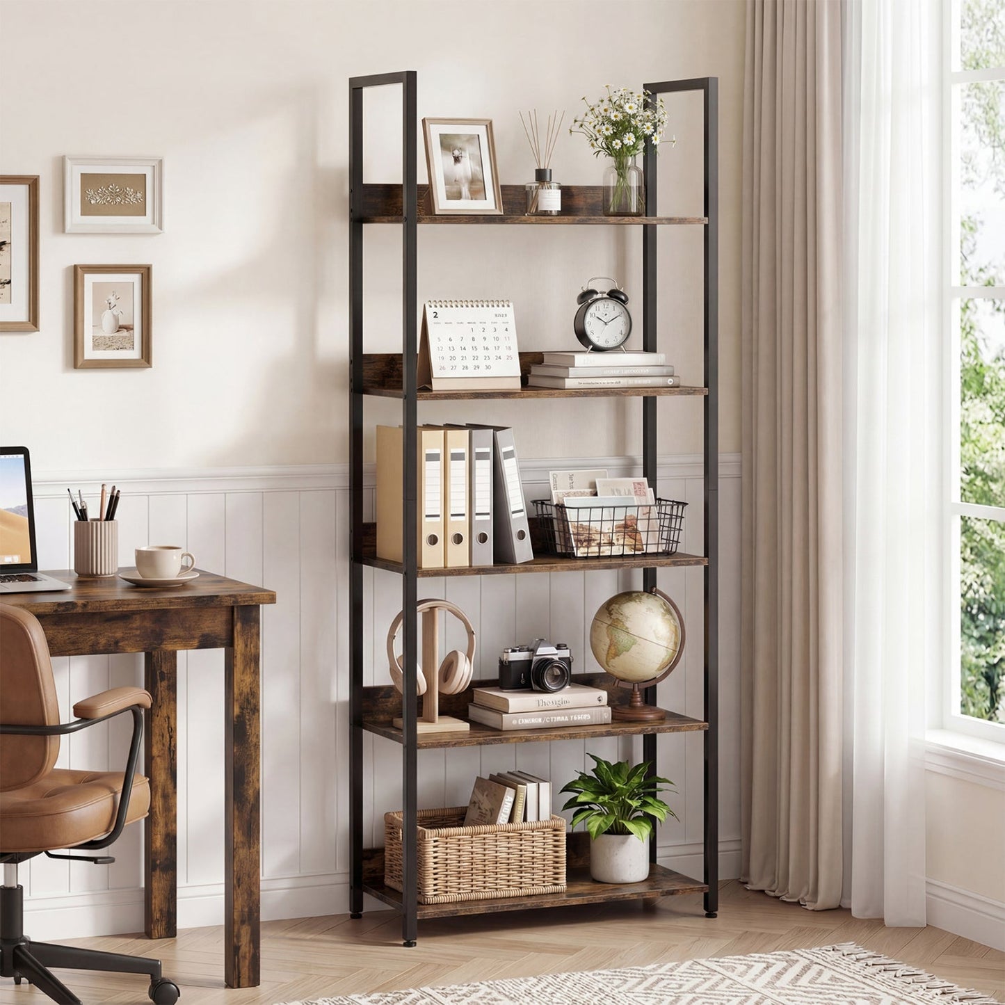 5-Tier Bookshelf Tall Wooden Open Bookcase with Back Panels