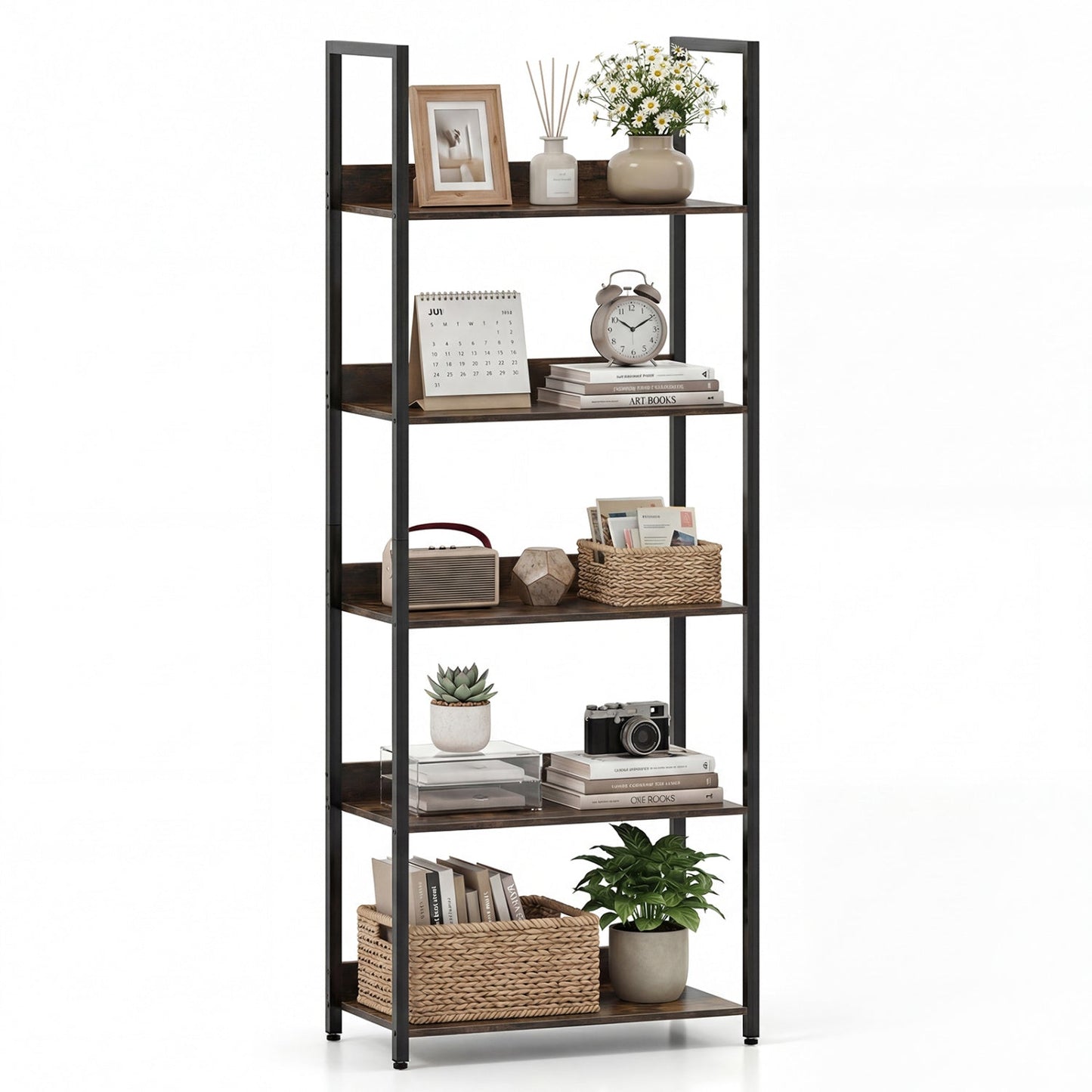 5-Tier Bookshelf Tall Wooden Open Bookcase with Back Panels