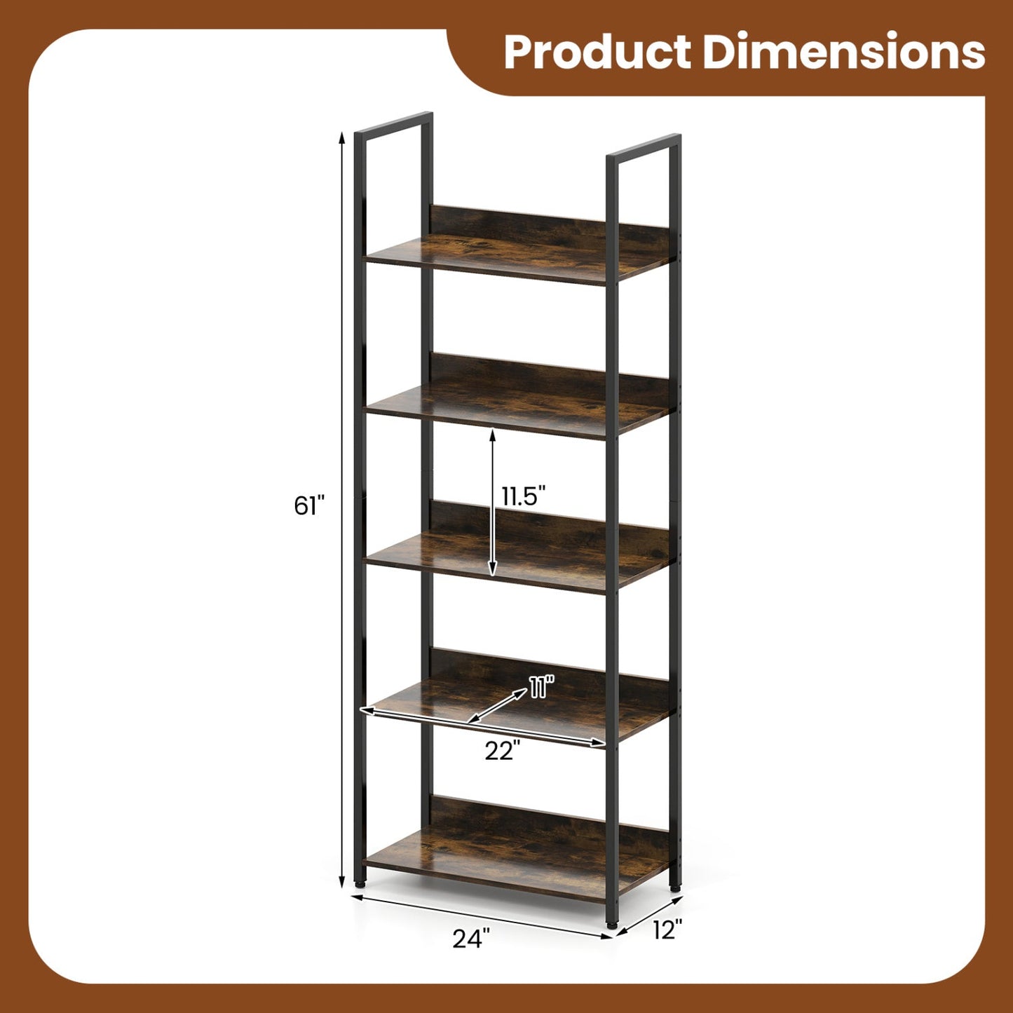 5-Tier Bookshelf Tall Wooden Open Bookcase with Back Panels