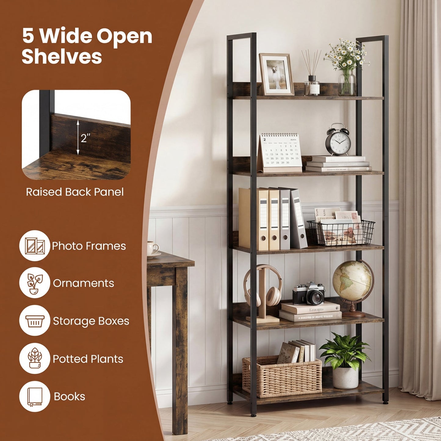 5-Tier Bookshelf Tall Wooden Open Bookcase with Back Panels