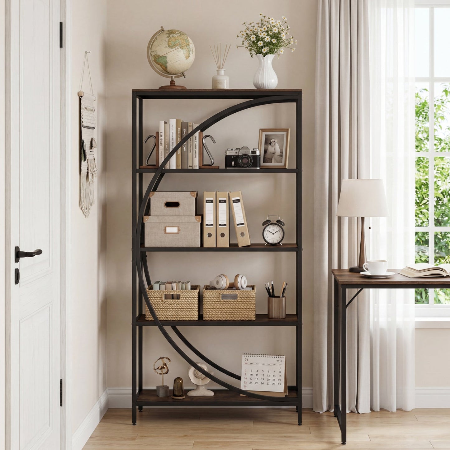 5-Tier Bookshelf with Half-Moon Shape for Living Room and Home Office