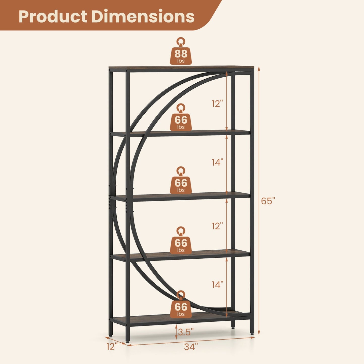 5-Tier Bookshelf with Half-Moon Shape for Living Room and Home Office