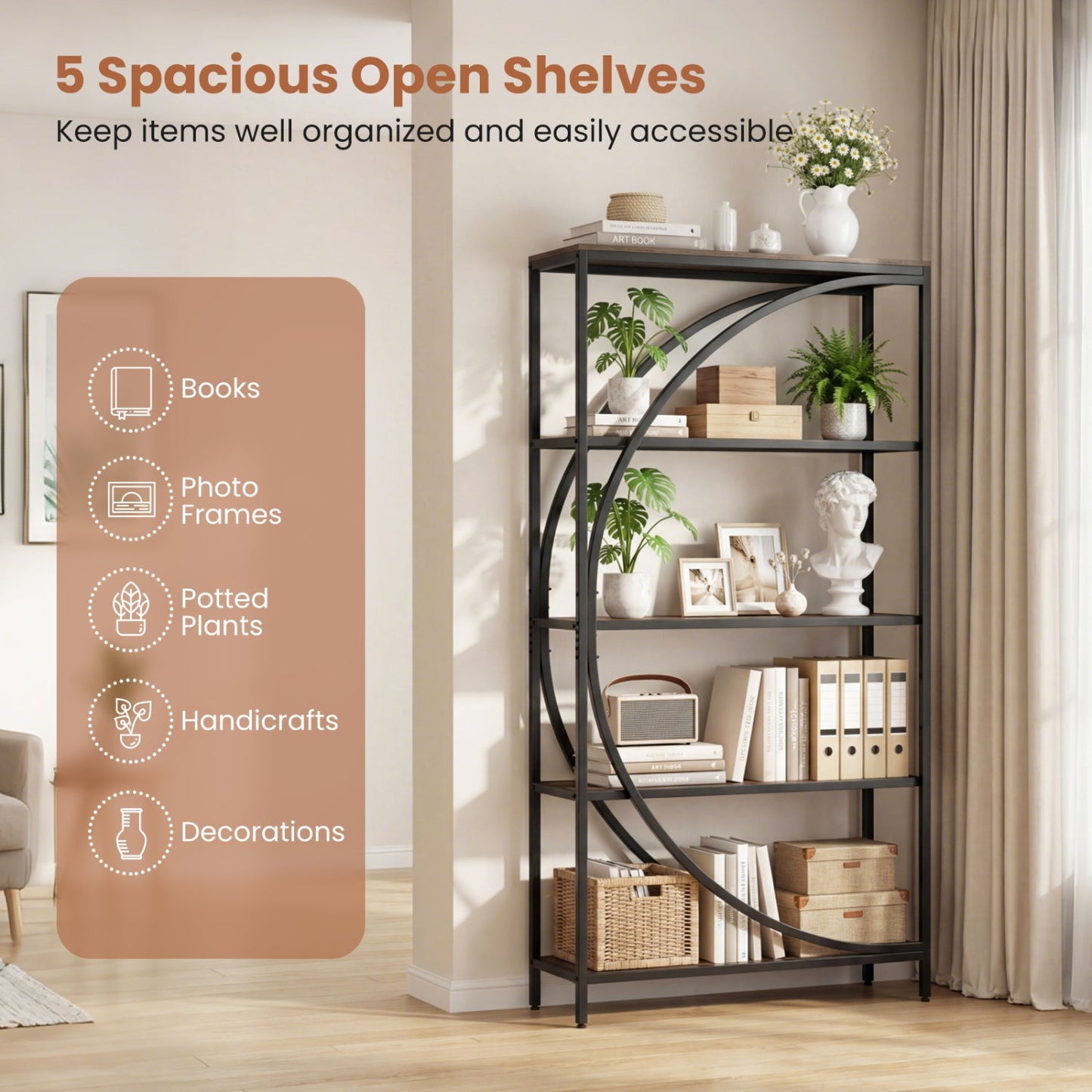 5-Tier Bookshelf with Half-Moon Shape for Living Room and Home Office