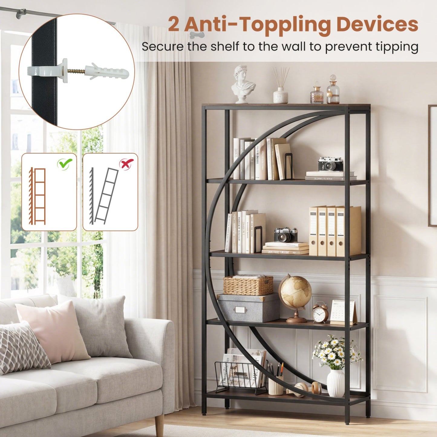 5-Tier Bookshelf with Half-Moon Shape for Living Room and Home Office