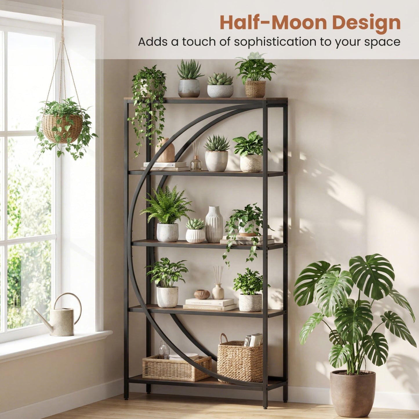 5-Tier Bookshelf with Half-Moon Shape for Living Room and Home Office