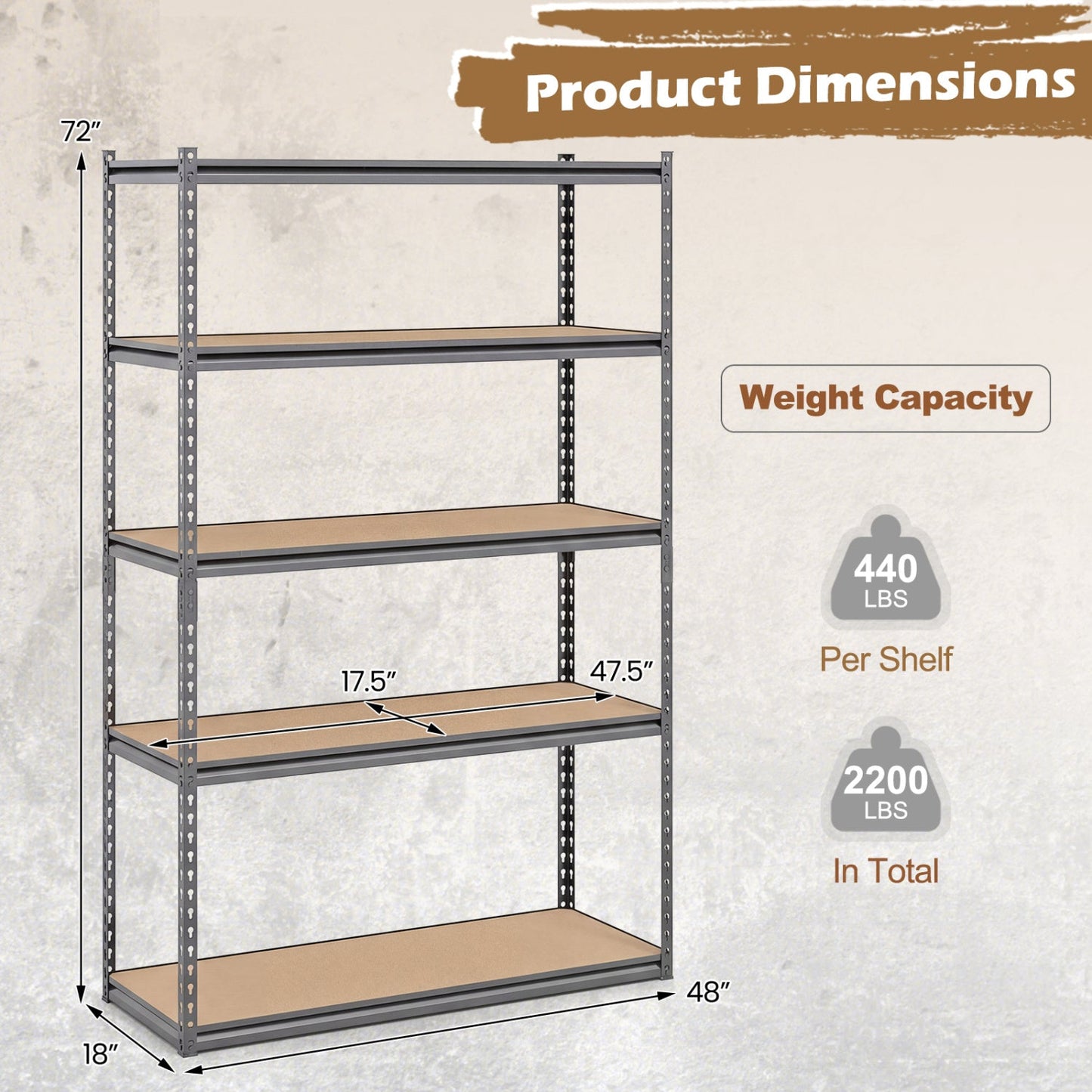 5-Tier Garage Shelving Unit 2200 LBS Metal Storage Shelves Adjustable Utility Rack for Warehouse