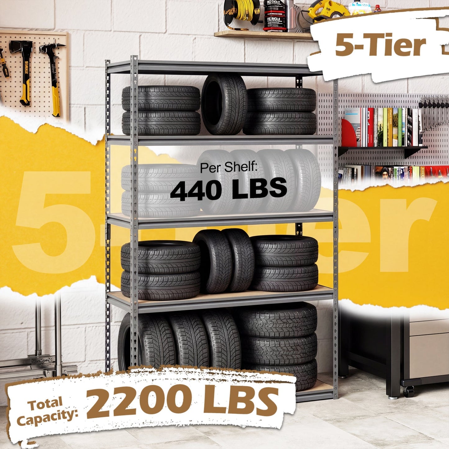 5-Tier Garage Shelving Unit 2200 LBS Metal Storage Shelves Adjustable Utility Rack for Warehouse